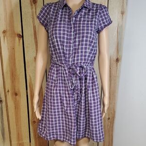 Womens Faded Glory Purple Plaid Button Up Dress Size S(4-6) Summer Casual